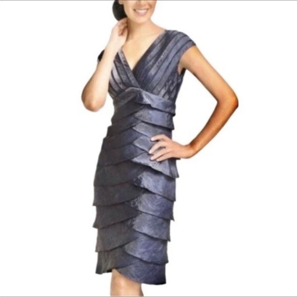 Adrianna Papell Womens Tiered Ruffle Sheath Dress Hammered Satin Size 14W Jewel
